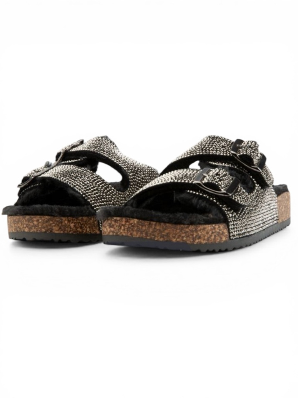 Forever Link Benefit-31 Rhinestone Black Faux-Fur Double-Buckle Slide Sandals ๐ค๐ - Picture 3 of 9